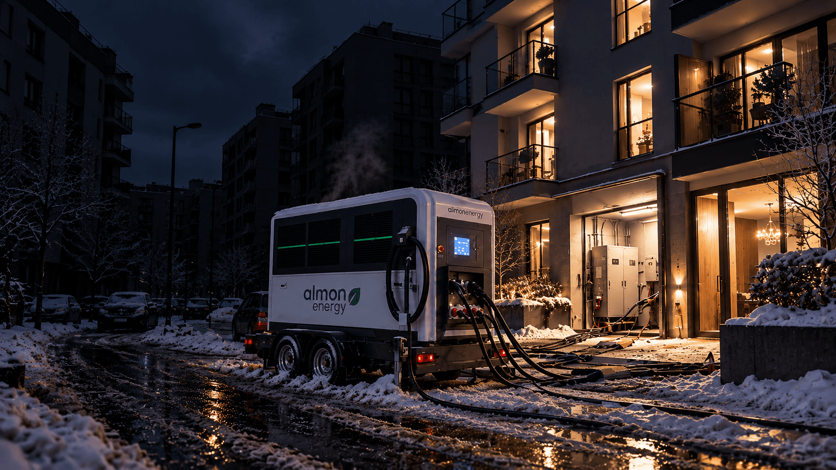 Mobiler industrieller Batteriespeicher von Almon Energy auf einem Anhänger versorgt ein modernes Wohngebäude an einem verschneiten Winterabend mit Notstrom, während benachbarte Häuser während eines Stromausfalls dunkel bleiben.
