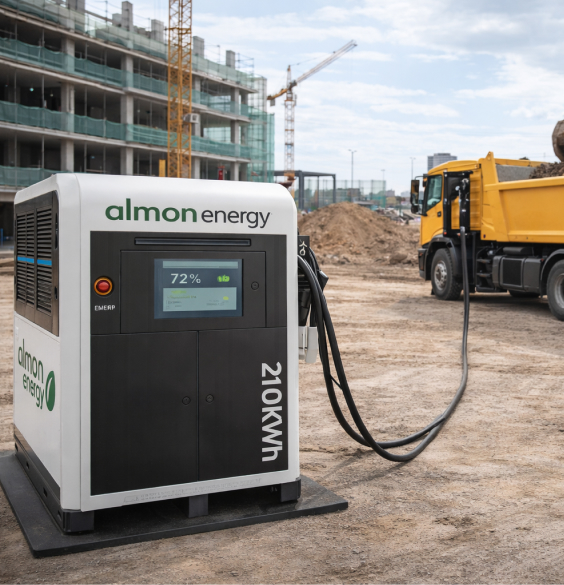 Mobiler Almon Energy 210-kWh-Batteriespeicher auf einer Baustelle lädt einen gelben elektrischen Muldenkipper über ein Hochleistungs-Ladekabel.