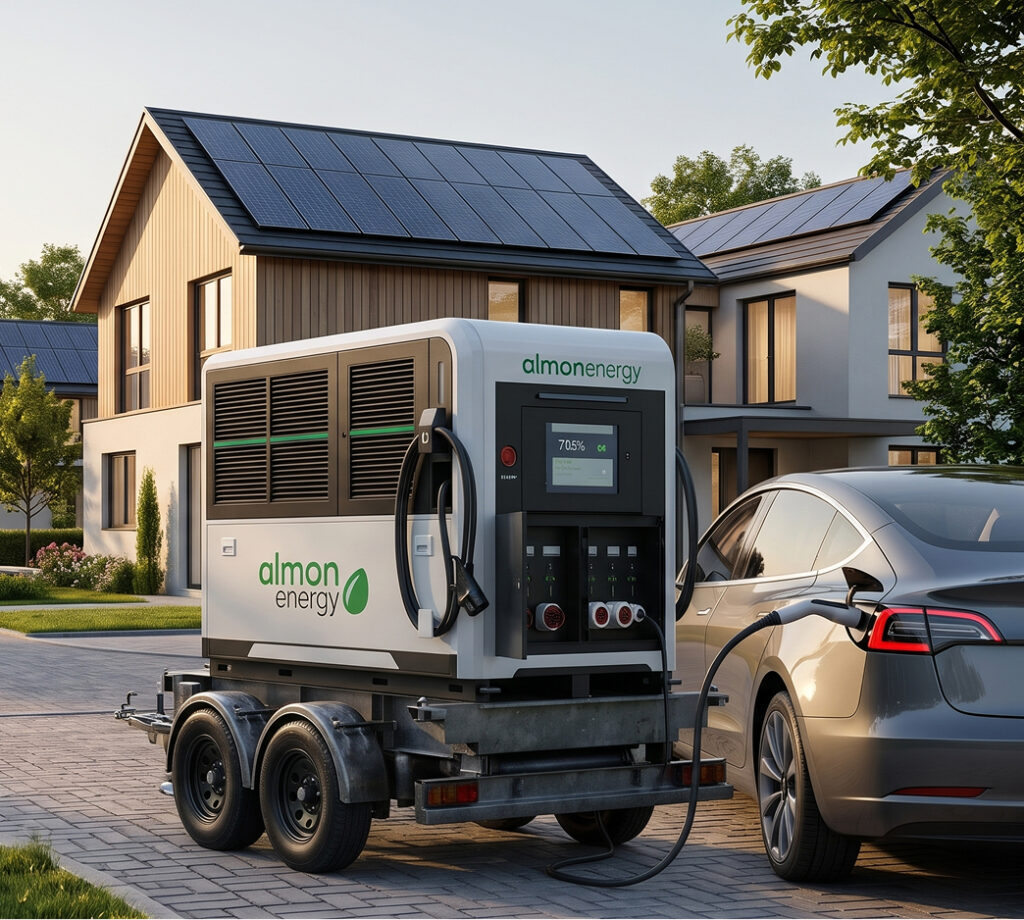 ALMON Energy Ladestation lädt ein Elektroauto vor modernen Wohngebäuden mit Photovoltaikanlagen auf den Dächern.