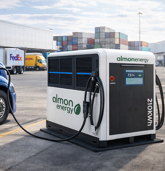 Mobile Batteriespeicher- und Schnellladestation von Almon Energy mit 210 kWh beim Laden eines Elektro-Lkw auf einem Logistikgelände