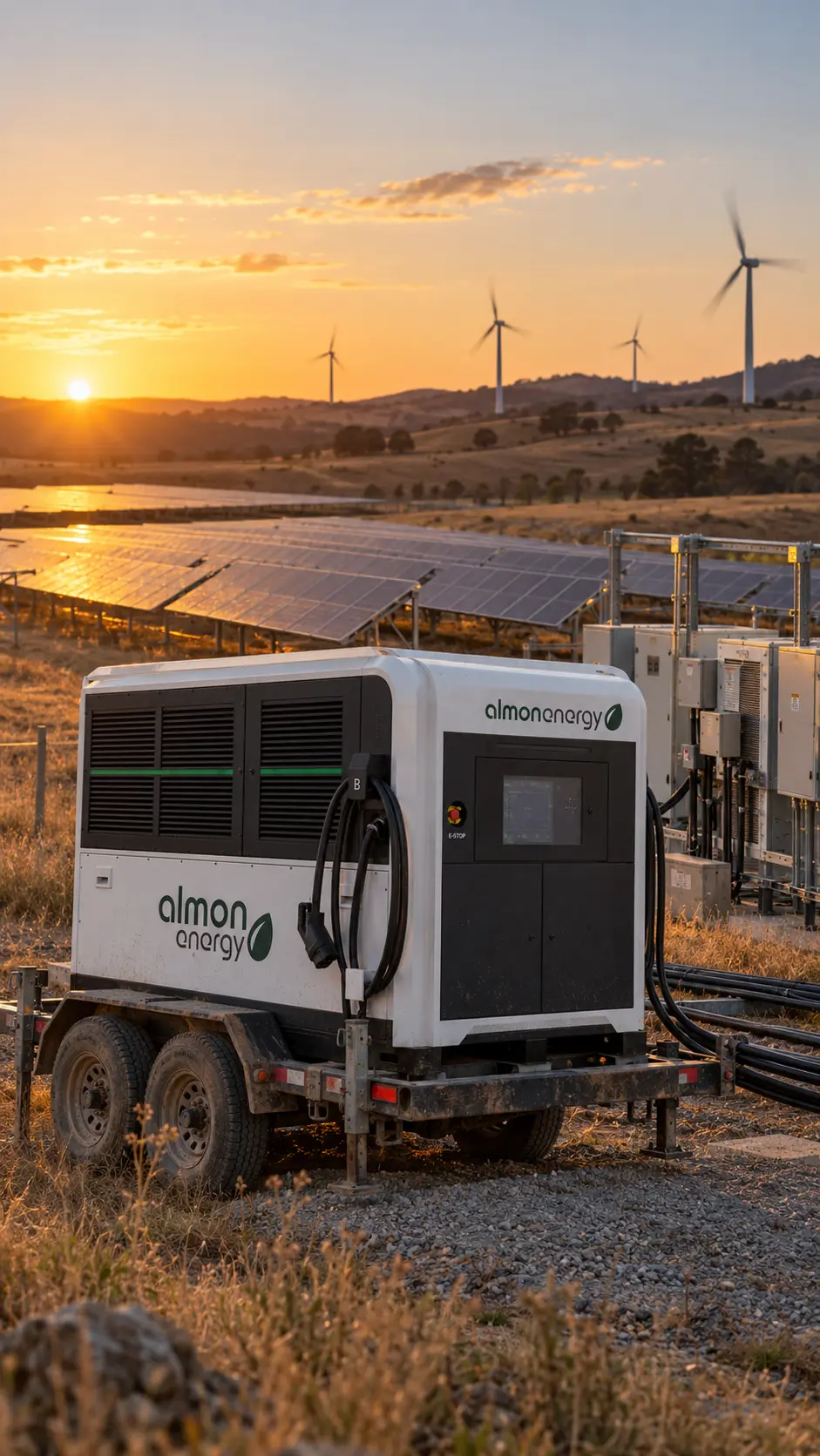 Mobiler Batterie-Energiespeicher von Almon Energy auf einem Industrieanhänger, angeschlossen an Wechselrichter-Schaltschränke in einem Solar- und Windpark während des Sonnenuntergangs.
