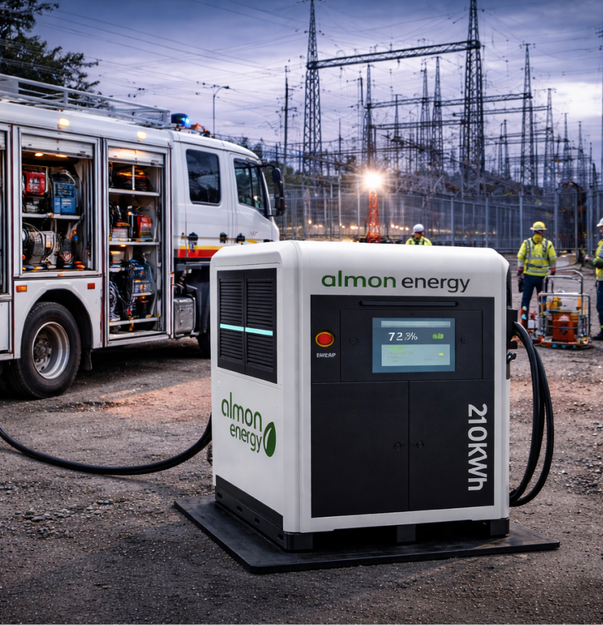 Mobiler Batterie-Energiespeicher von Almon Energy mit 210 kWh Kapazität im Einsatz neben einem Servicefahrzeug vor einem elektrischen Umspannwerk mit Hochspannungsmasten.